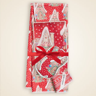 Mary Engelbreit gingerbread house Kitchen Bundle with tea towel, mini towel and sponge tied with a red bow