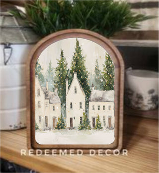 6x8 arch top framed art of white houses in a snowy Christmas scene