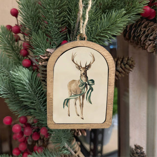 Deer with green ribbon canvas arch Christmas ornament