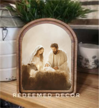 6x8 arch top framed art of a nativity