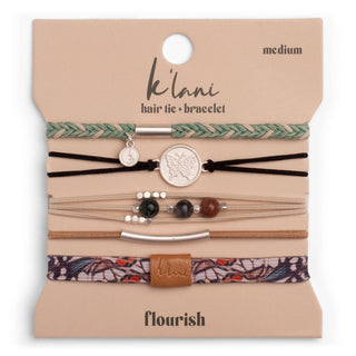 K'lani Flourish hair tie bracelets with butterfly charm in teal and tan