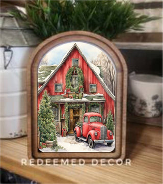 6x8 arch top framed art of a red Christmas barn in the snow