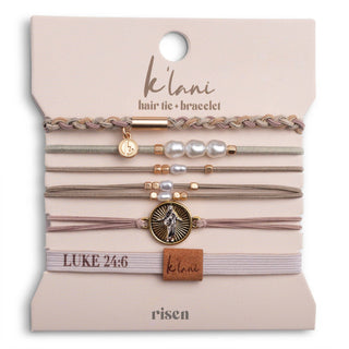 K'lani Risen hair tie bracelets in warm neutrals with gold Christus charm