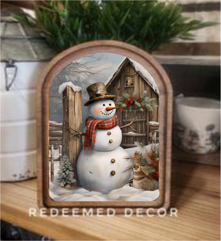 6x8 arch top framed art of a rustic snowman