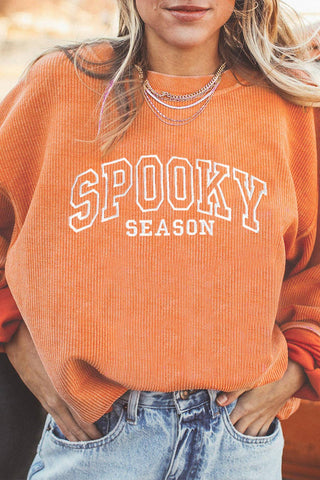 Orange Spooky Season Embroidered Ribbed Sweatshirt