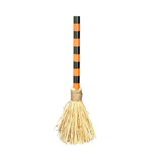 12" Black & Orange Striped Raffia Witch Broom