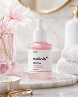 A bottle of Medicube PDRN Pink Peptide Serum with pink liquid and a white dropper cap, styled on a marble tray with pink flowers, white towels, and gold accents in a bathroom setting.