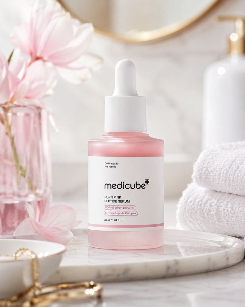 A bottle of Medicube PDRN Pink Peptide Serum with pink liquid and a white dropper cap, styled on a marble tray with pink flowers, white towels, and gold accents in a bathroom setting.
