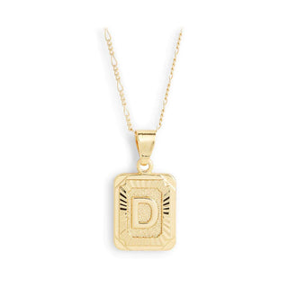 A gold-plated necklace with a square pendant featuring the initial 'D'.