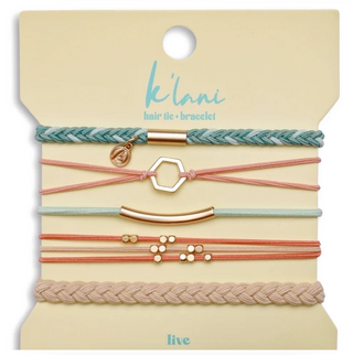 K'lani Live Hair Tie Bracelets | Gold Hexagon Seafoam + Coral 5-Pack