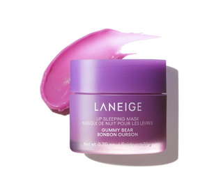 LANEIGE Lip Sleeping Mask Gummy Bear Bonbon Ourson in a purple jar, shown with a pink cream swatch on a white background.