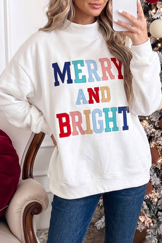 Merry and Bright mock neck Christmas sweatshirt in white