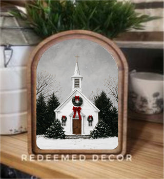 6x8 arch top framed art of a country church in the snow