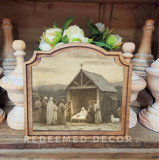 Provincial nativity scene framed art with vintage shaped frame