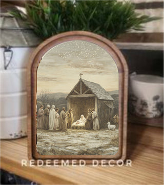 6x8 arch top framed art of a nativity scene