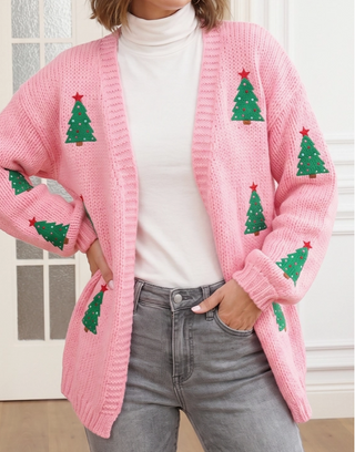Pink Tree Drop Shoulder Cardigan