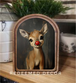 6x8 arch top framed art of Rudolph the reindeer