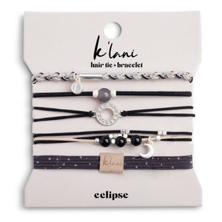 K'lani Eclipse hair tie bracelets in black white and grey with silver moon charm