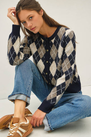 Navy argyle sweater cardigan