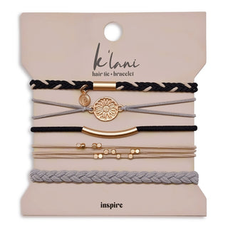 K'lani Inspire Hair Tie Bracelets | Gold Sunburst Black + Grey 5-Pack