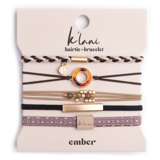 K'lani Ember hair tie bracelets in browns and neutrals with tortoise shell ring charm