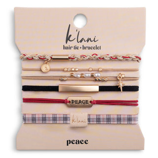 K'lani Peace hair tie bracelets in red and cream plaid with gold accents