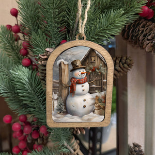 Rustic snowman canvas arch Christmas ornament