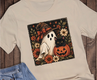 Halloween Ghost Cat Pumpkin Tee | Witch Hat Ghost + Black Cat Graphic Tee