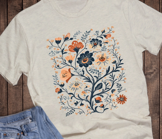 Floral Orange and Navy Tee | Navy + Burnt Orange Folk Floral Tee